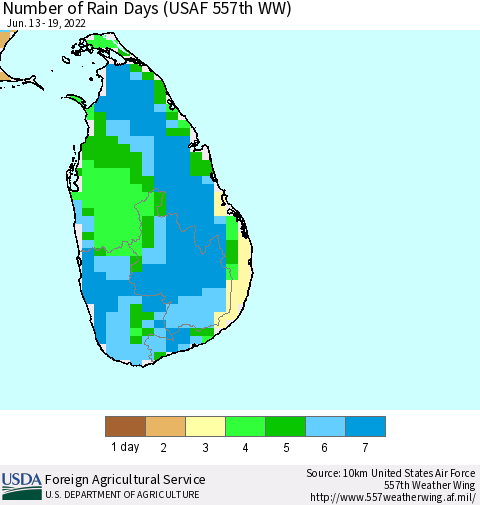 Sri Lanka Number of Rain Days (USAF 557th WW) Thematic Map For 6/13/2022 - 6/19/2022
