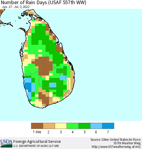 Sri Lanka Number of Rain Days (USAF 557th WW) Thematic Map For 6/27/2022 - 7/3/2022
