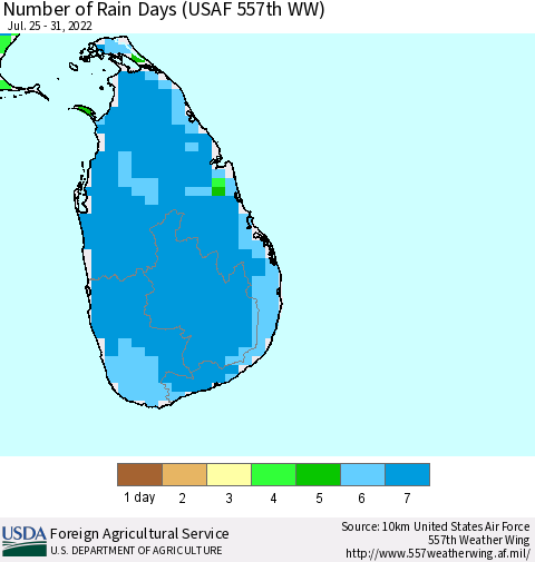 Sri Lanka Number of Rain Days (USAF 557th WW) Thematic Map For 7/25/2022 - 7/31/2022
