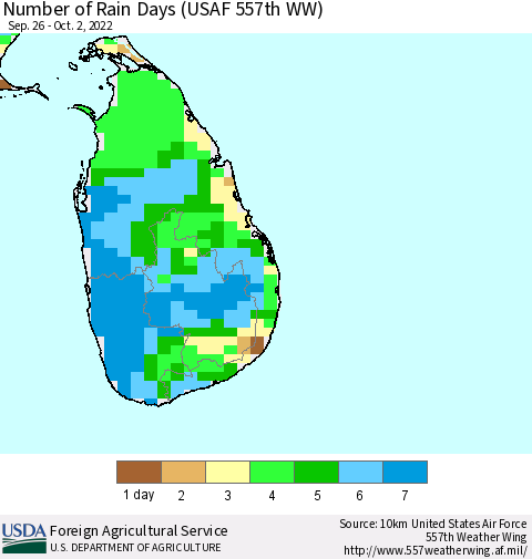 Sri Lanka Number of Rain Days (USAF 557th WW) Thematic Map For 9/26/2022 - 10/2/2022