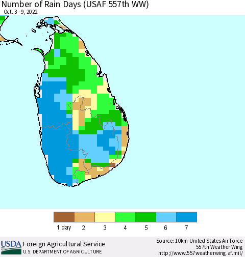 Sri Lanka Number of Rain Days (USAF 557th WW) Thematic Map For 10/3/2022 - 10/9/2022