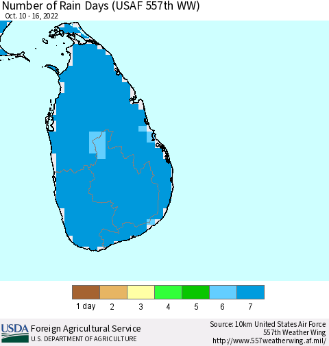 Sri Lanka Number of Rain Days (USAF 557th WW) Thematic Map For 10/10/2022 - 10/16/2022