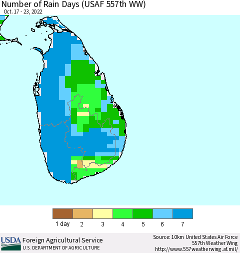 Sri Lanka Number of Rain Days (USAF 557th WW) Thematic Map For 10/17/2022 - 10/23/2022