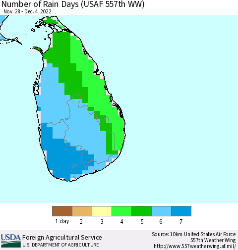Sri Lanka Number of Rain Days (USAF 557th WW) Thematic Map For 11/28/2022 - 12/4/2022