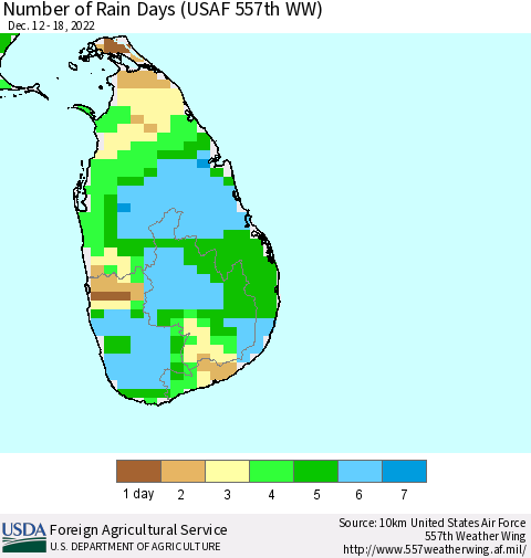 Sri Lanka Number of Rain Days (USAF 557th WW) Thematic Map For 12/12/2022 - 12/18/2022