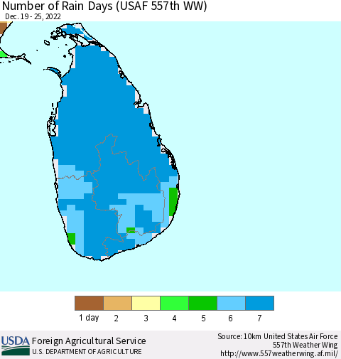 Sri Lanka Number of Rain Days (USAF 557th WW) Thematic Map For 12/19/2022 - 12/25/2022