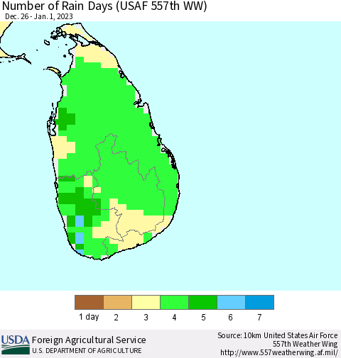 Sri Lanka Number of Rain Days (USAF 557th WW) Thematic Map For 12/26/2022 - 1/1/2023