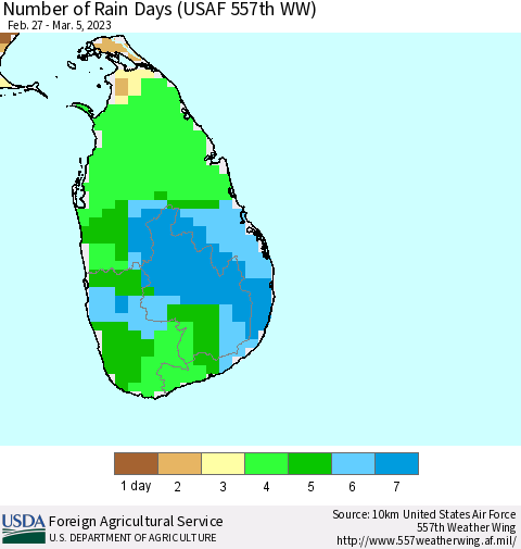 Sri Lanka Number of Rain Days (USAF 557th WW) Thematic Map For 2/27/2023 - 3/5/2023