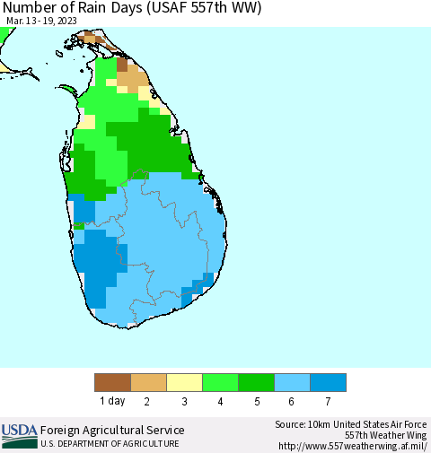 Sri Lanka Number of Rain Days (USAF 557th WW) Thematic Map For 3/13/2023 - 3/19/2023