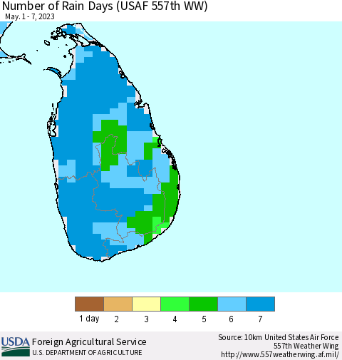 Sri Lanka Number of Rain Days (USAF 557th WW) Thematic Map For 5/1/2023 - 5/7/2023