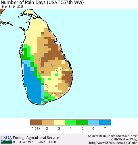 Sri Lanka Number of Rain Days (USAF 557th WW) Thematic Map For 5/8/2023 - 5/14/2023