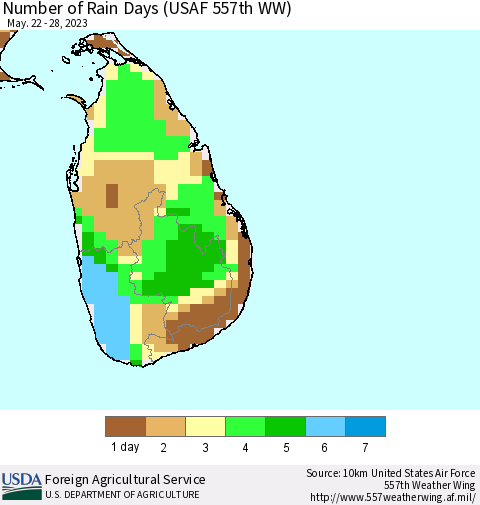 Sri Lanka Number of Rain Days (USAF 557th WW) Thematic Map For 5/22/2023 - 5/28/2023