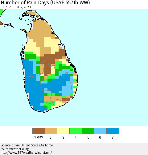 Sri Lanka Number of Rain Days (USAF 557th WW) Thematic Map For 6/26/2023 - 7/2/2023