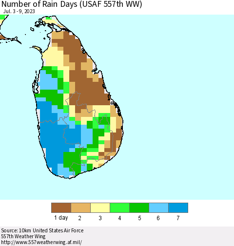 Sri Lanka Number of Rain Days (USAF 557th WW) Thematic Map For 7/3/2023 - 7/9/2023
