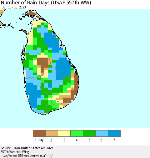 Sri Lanka Number of Rain Days (USAF 557th WW) Thematic Map For 7/10/2023 - 7/16/2023