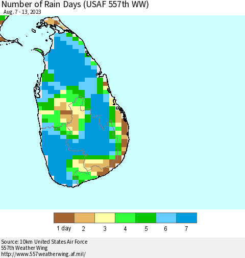 Sri Lanka Number of Rain Days (USAF 557th WW) Thematic Map For 8/7/2023 - 8/13/2023
