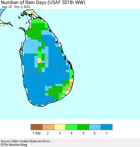Sri Lanka Number of Rain Days (USAF 557th WW) Thematic Map For 8/28/2023 - 9/3/2023