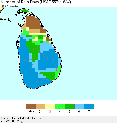 Sri Lanka Number of Rain Days (USAF 557th WW) Thematic Map For 9/4/2023 - 9/10/2023