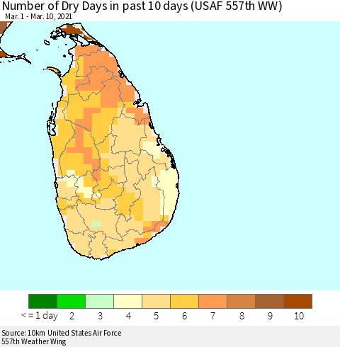 Sri Lanka Number of Dry Days in past 10 days (USAF 557th WW) Thematic Map For 3/6/2021 - 3/10/2021
