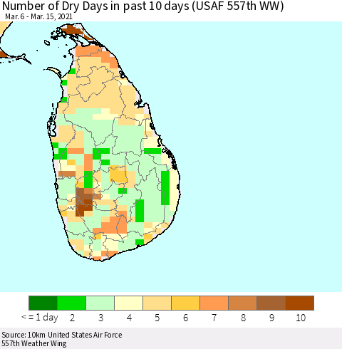 Sri Lanka Number of Dry Days in past 10 days (USAF 557th WW) Thematic Map For 3/11/2021 - 3/15/2021