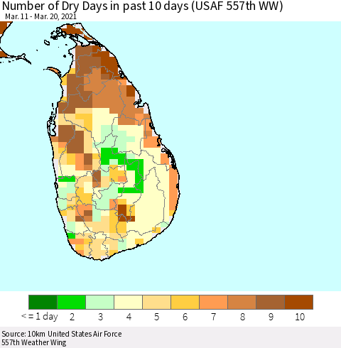 Sri Lanka Number of Dry Days in past 10 days (USAF 557th WW) Thematic Map For 3/16/2021 - 3/20/2021