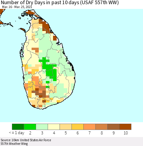 Sri Lanka Number of Dry Days in past 10 days (USAF 557th WW) Thematic Map For 3/21/2021 - 3/25/2021