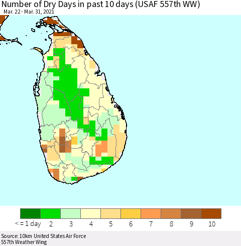 Sri Lanka Number of Dry Days in past 10 days (USAF 557th WW) Thematic Map For 3/26/2021 - 3/31/2021