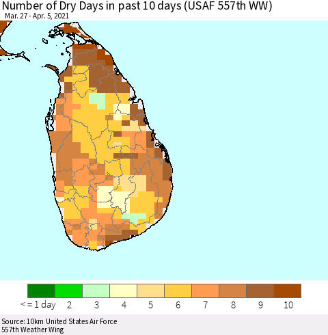 Sri Lanka Number of Dry Days in past 10 days (USAF 557th WW) Thematic Map For 4/1/2021 - 4/5/2021