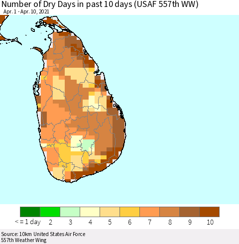 Sri Lanka Number of Dry Days in past 10 days (USAF 557th WW) Thematic Map For 4/6/2021 - 4/10/2021