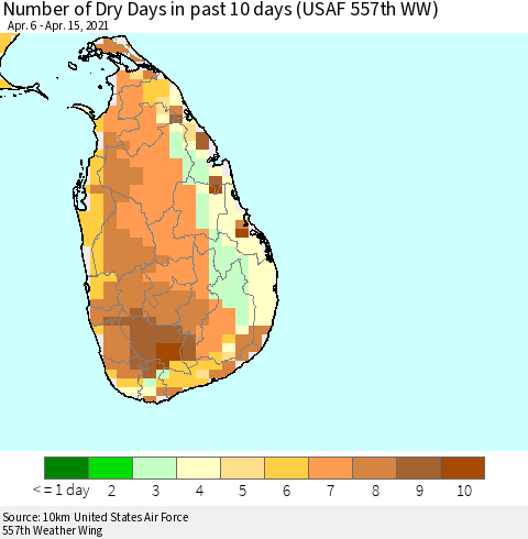 Sri Lanka Number of Dry Days in past 10 days (USAF 557th WW) Thematic Map For 4/11/2021 - 4/15/2021