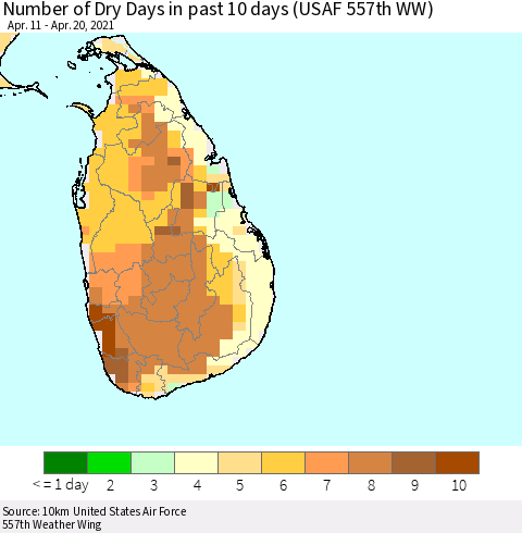 Sri Lanka Number of Dry Days in past 10 days (USAF 557th WW) Thematic Map For 4/16/2021 - 4/20/2021