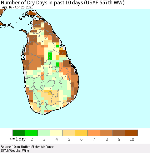 Sri Lanka Number of Dry Days in past 10 days (USAF 557th WW) Thematic Map For 4/21/2021 - 4/25/2021
