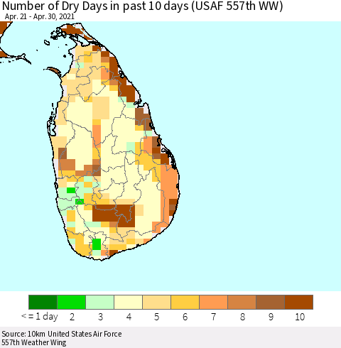 Sri Lanka Number of Dry Days in past 10 days (USAF 557th WW) Thematic Map For 4/26/2021 - 4/30/2021