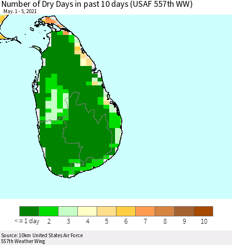 Sri Lanka Number of Dry Days in past 10 days (USAF 557th WW) Thematic Map For 5/1/2021 - 5/5/2021