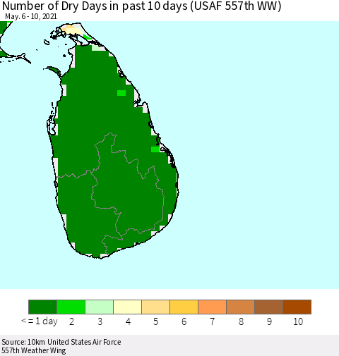 Sri Lanka Number of Dry Days in past 10 days (USAF 557th WW) Thematic Map For 5/6/2021 - 5/10/2021