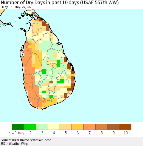 Sri Lanka Number of Dry Days in past 10 days (USAF 557th WW) Thematic Map For 5/21/2021 - 5/25/2021