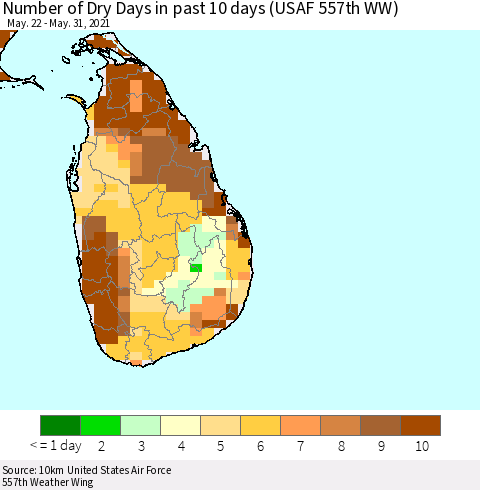 Sri Lanka Number of Dry Days in past 10 days (USAF 557th WW) Thematic Map For 5/26/2021 - 5/31/2021