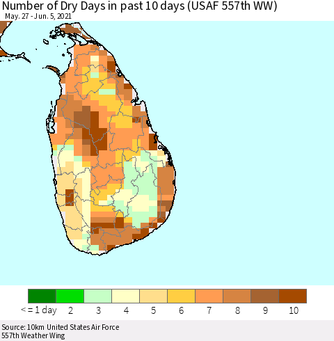 Sri Lanka Number of Dry Days in past 10 days (USAF 557th WW) Thematic Map For 6/1/2021 - 6/5/2021