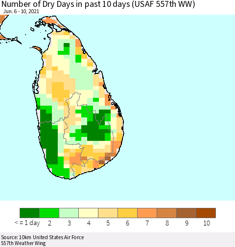 Sri Lanka Number of Dry Days in past 10 days (USAF 557th WW) Thematic Map For 6/6/2021 - 6/10/2021
