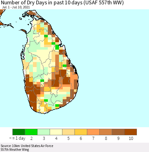 Sri Lanka Number of Dry Days in past 10 days (USAF 557th WW) Thematic Map For 7/6/2021 - 7/10/2021