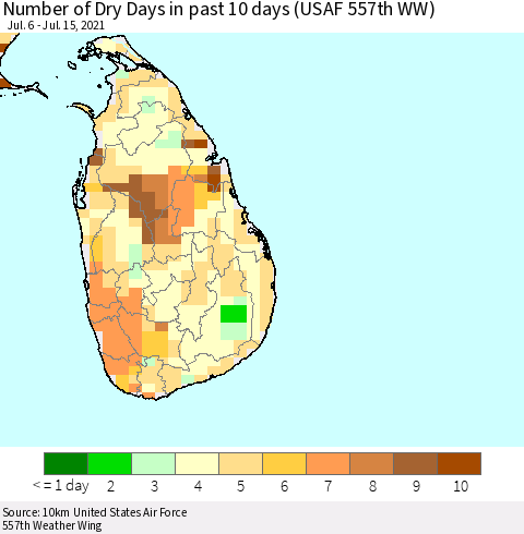Sri Lanka Number of Dry Days in past 10 days (USAF 557th WW) Thematic Map For 7/11/2021 - 7/15/2021