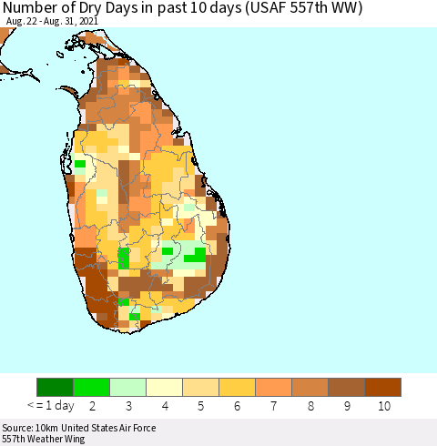 Sri Lanka Number of Dry Days in past 10 days (USAF 557th WW) Thematic Map For 8/26/2021 - 8/31/2021