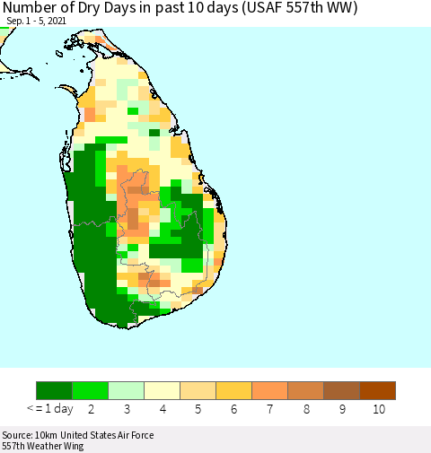 Sri Lanka Number of Dry Days in past 10 days (USAF 557th WW) Thematic Map For 9/1/2021 - 9/5/2021