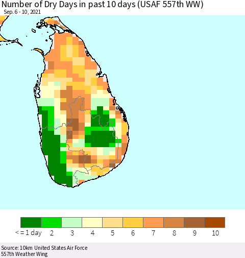 Sri Lanka Number of Dry Days in past 10 days (USAF 557th WW) Thematic Map For 9/6/2021 - 9/10/2021