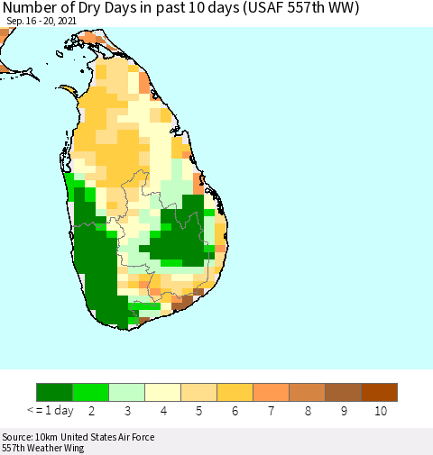 Sri Lanka Number of Dry Days in past 10 days (USAF 557th WW) Thematic Map For 9/16/2021 - 9/20/2021