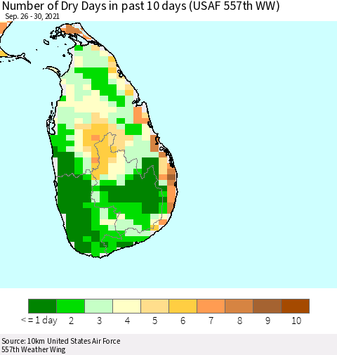 Sri Lanka Number of Dry Days in past 10 days (USAF 557th WW) Thematic Map For 9/26/2021 - 9/30/2021
