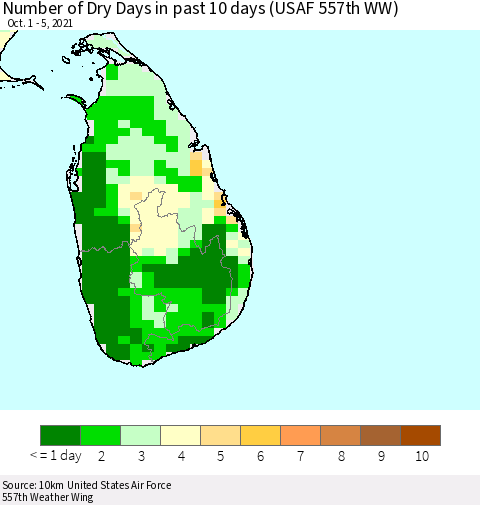 Sri Lanka Number of Dry Days in past 10 days (USAF 557th WW) Thematic Map For 10/1/2021 - 10/5/2021