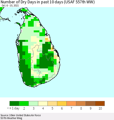 Sri Lanka Number of Dry Days in past 10 days (USAF 557th WW) Thematic Map For 10/6/2021 - 10/10/2021