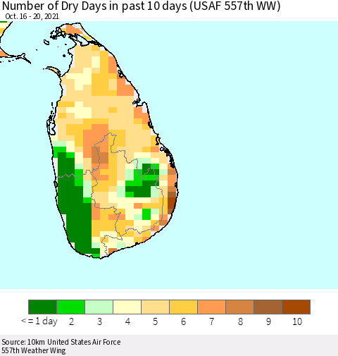 Sri Lanka Number of Dry Days in past 10 days (USAF 557th WW) Thematic Map For 10/16/2021 - 10/20/2021