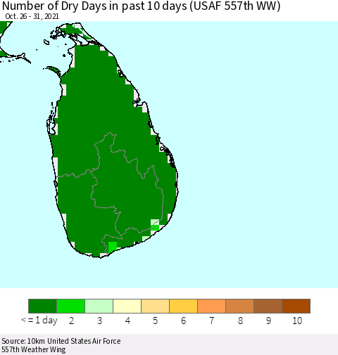Sri Lanka Number of Dry Days in past 10 days (USAF 557th WW) Thematic Map For 10/26/2021 - 10/31/2021
